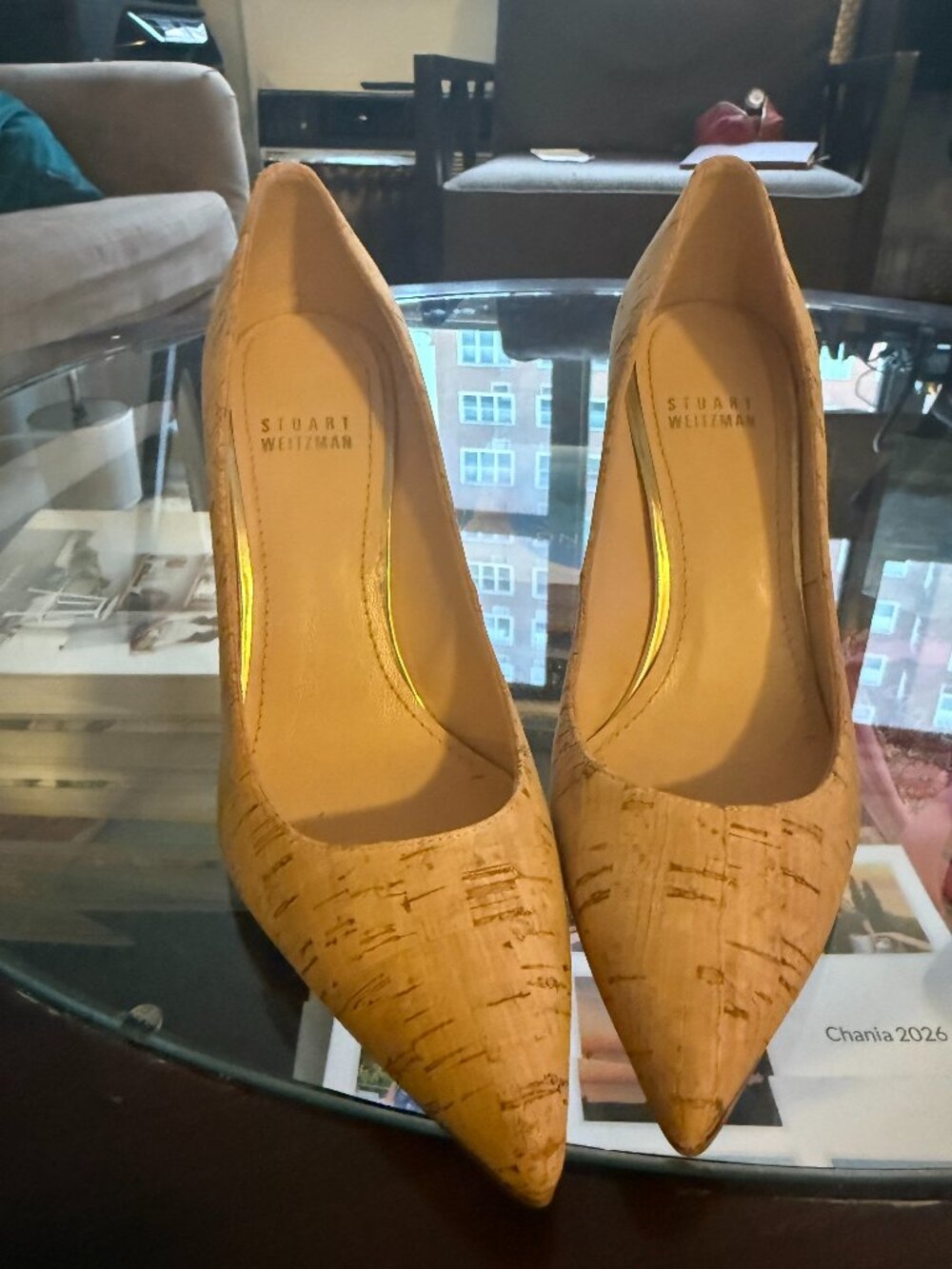 NWOT -Stuart Weitzman Heist Pointed Toe, Gold Nude Cork Heels Size 6